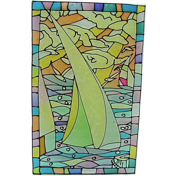 Vintage Acrylic Nautical Sailboat Water Scene Window Suncatcher Pastels 10x6" - Picture 2 of 6